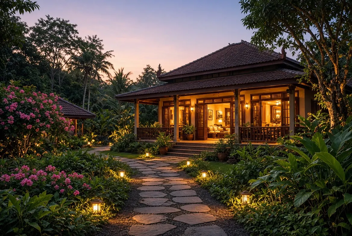 A teak house glowing at dusk behind a lantern-lit garden path